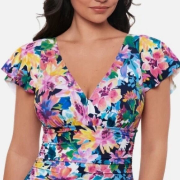 NWT! Swim Solutions Multi Color Floral Flutter Slimming One Piece Swimsuit NEW! - Picture 3 of 3